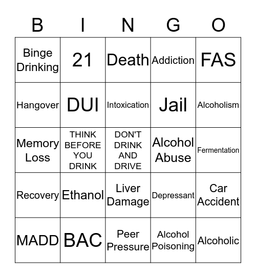 All Things Alcohol Bingo Card