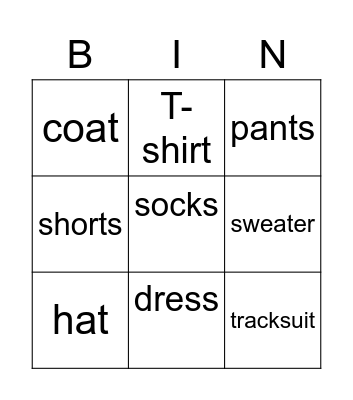 My Clothes Bingo Card