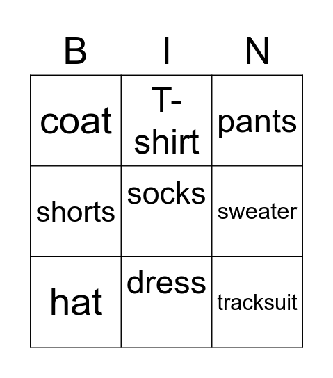 My Clothes Bingo Card
