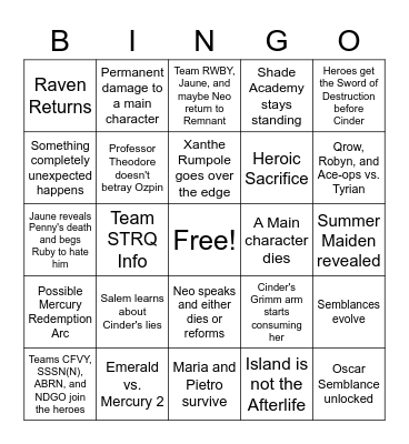 RWBY Volume 9 Bingo Card