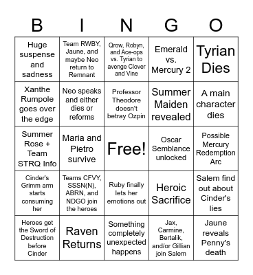 RWBY Volume 9 Bingo Card