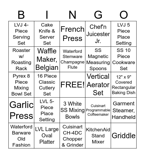 Kaitlyn's Bridal Shower Gift Bingo Card