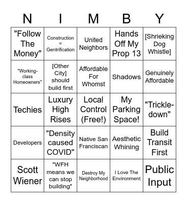 Bay Area NIMBY BINGO Card