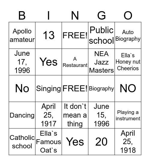 Ella Fitzgerald Bingo Card