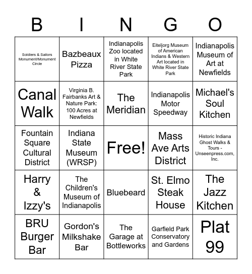 Indianapolis BINGO Card