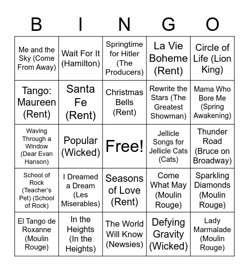 Hannah's Birthday Singo - Musicals Bingo Card