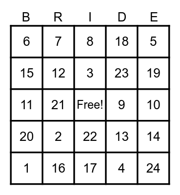 Bridal Shower Bingo Card