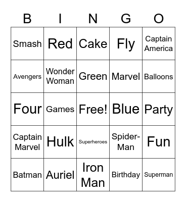 Auriel's Avengers Party Bingo Card