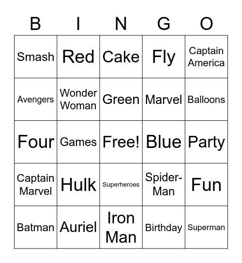 Auriel's Avengers Party Bingo Card