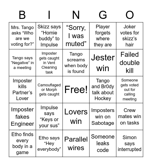 Among Us Bingo Card