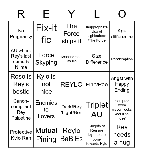 Reylo Fic Bingo Card