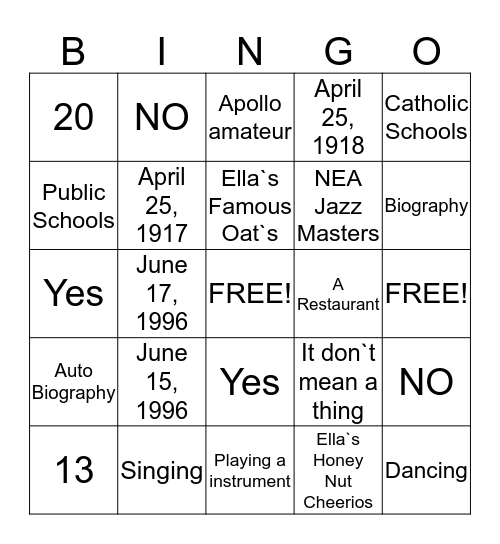 Ella Fitzgerald Bingo Card