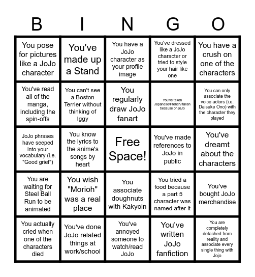 JoJo Stands Bingo Card