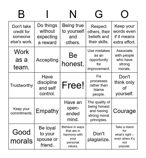 INTEGRITY Bingo Card