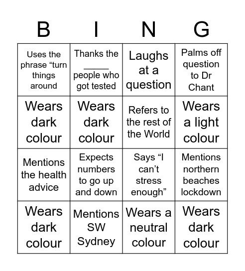 Glads Bingo Card