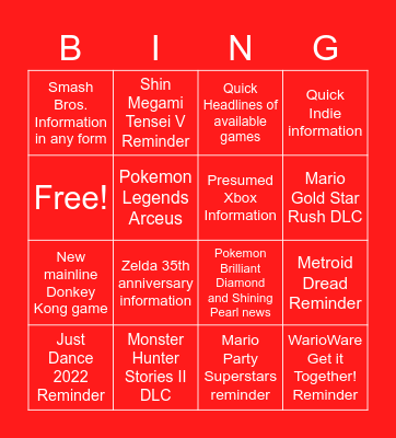 Fall 2021 Nintendo Direct Bingo Card