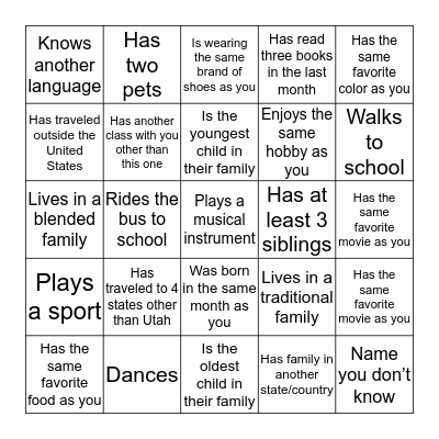 Someone in the class who... Bingo Card