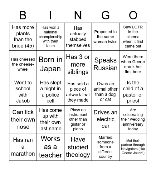 Geerte & Jakob's wedding bingo! Bingo Card