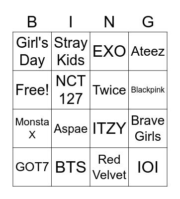 Kpop Bands Bingo Card