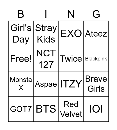 Kpop Bands Bingo Card
