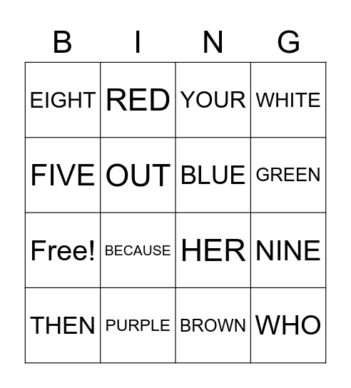 SIGHT WORDS Bingo Card