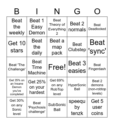 Geometry Dash Bingo Card