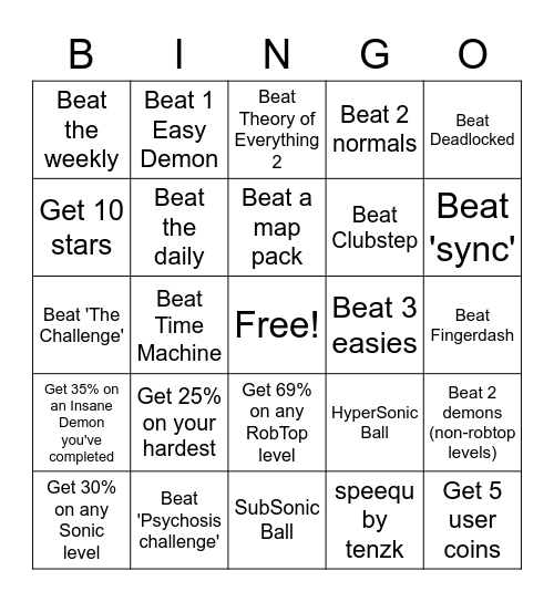 Geometry Dash Bingo Card