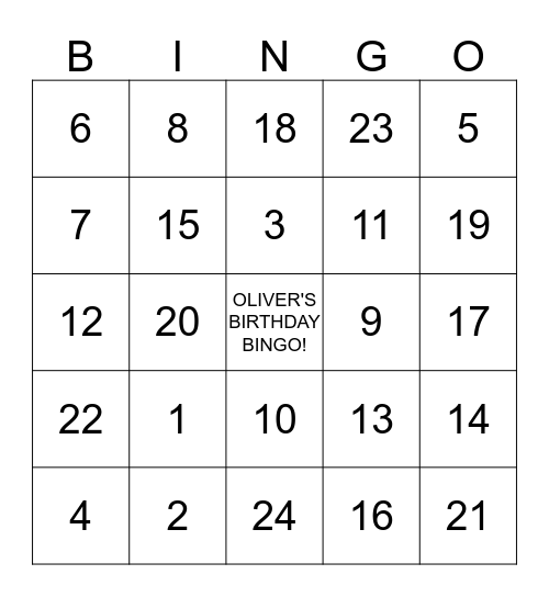Oliver's Birthday Bingo! Bingo Card