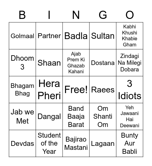 Hindi Movie Bingo Card