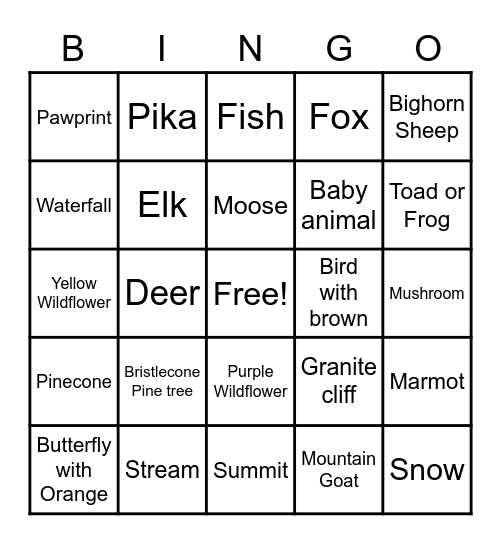 Mt Evans Bingo Card
