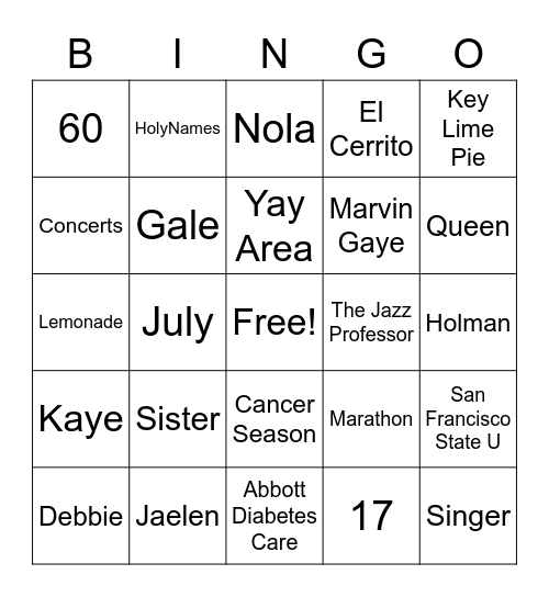 Debbie's Birthday Bingo Card