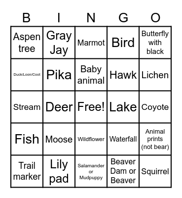 Rocky Mountain National Park Bingo Card