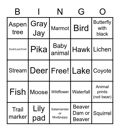 Rocky Mountain National Park Bingo Card