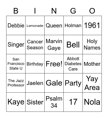 Debbie's Bday Bing #2 Bingo Card