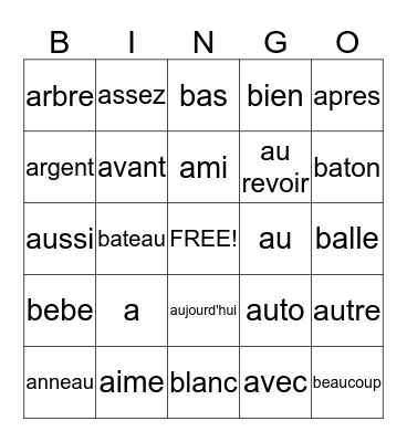 French Sight Words Bingo Card