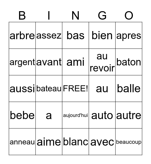 French Sight Words Bingo Card