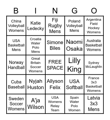 2020 Tokyo Olympics Bingo Card