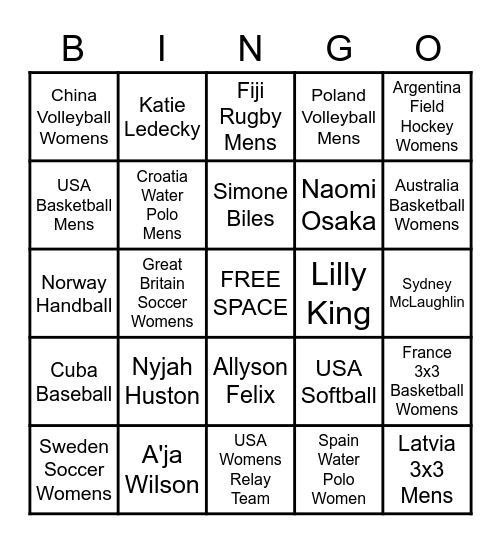 2020 Tokyo Olympics Bingo Card