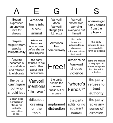 The Aegis Conclave Bingo Card