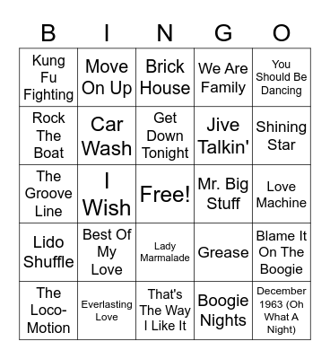 70s Dance Bingo Card