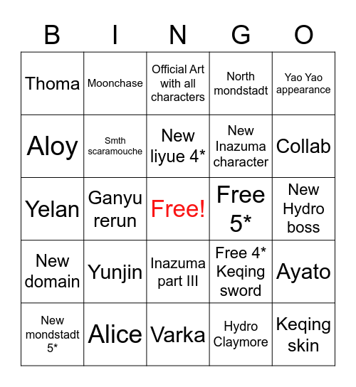 Genshin 2.1 Bingo Card