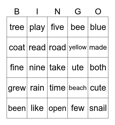 Long Vowel Bingo Card