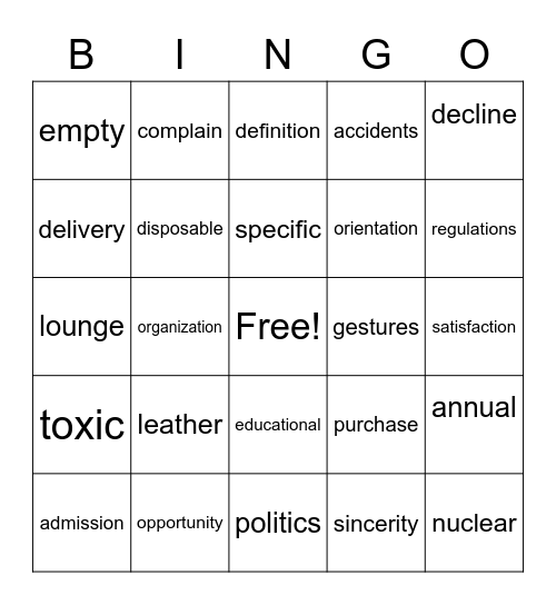 Nina's Bingo Card