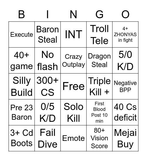 league bingo Card