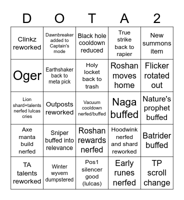 Dota 7.30 patch predictions Bingo Card