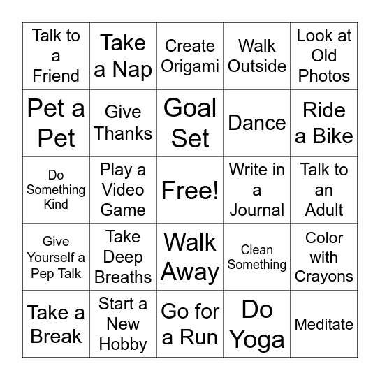 Positive Coping Skills Bingo Card