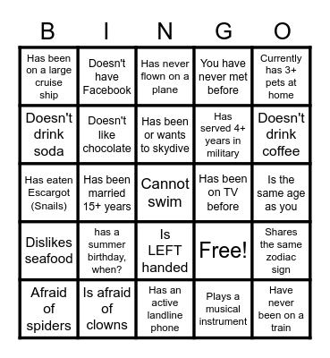 Getting To Know You... Bingo Card