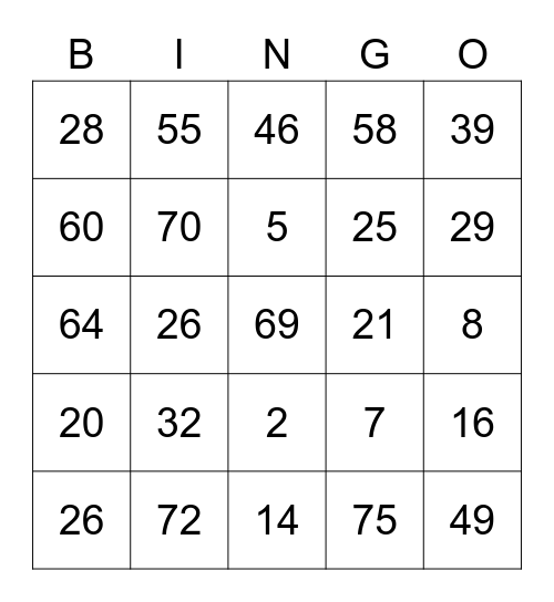 Squiggly Pete ROUND 1 (Numbers) Bingo Card
