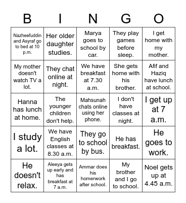 Unit 2: Days Bingo Card