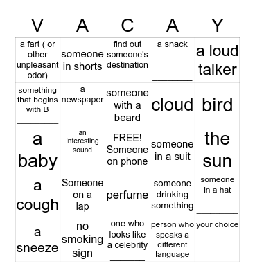 AIRPLAINE BINGO ( sights,sounds and smells) Bingo Card